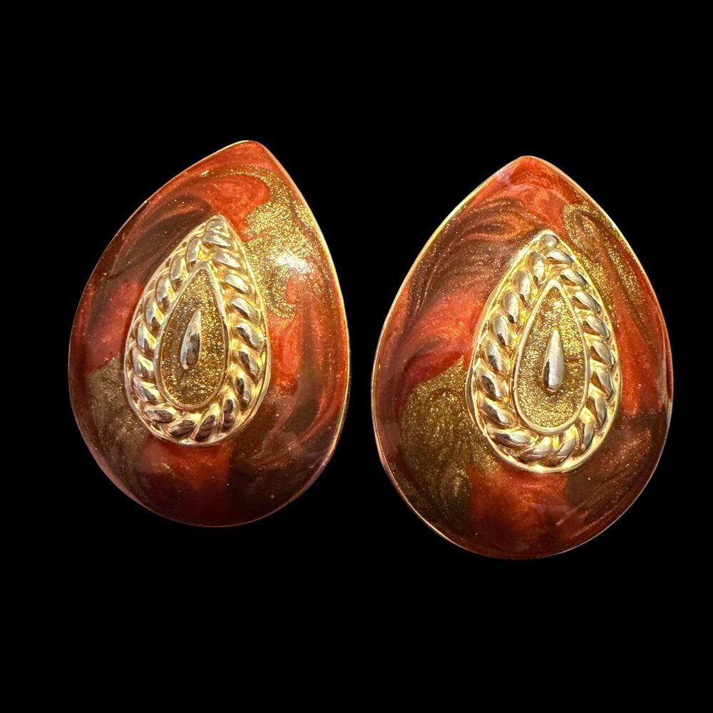 VTG pear shape enamel clip on earrings‎ rust gold Made USA glittery 1.25" y2k